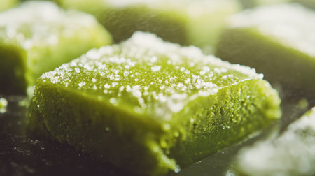 Close-up view of a vibrant green matcha dessert dusted with sugar. This sweet treat showcases a rich texture and natural ingredients, perfect for culinary enthusiasts.の素材