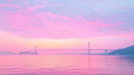 A stunning sunrise casts a gentle pink hue over the bridge, reflecting beautifully on the calm waters below. A tranquil landscape ideal for nature lovers.の素材