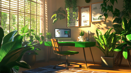 A vibrant home office featuring a green desk, computer, and lush plants. This space embodies tranquility, creativity, and a connection to nature, ideal for productivity.の素材