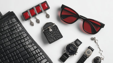 An artistic arrangement of black accessories including sunglasses, watches, and jewelry, ideal for fashion branding and stylish presentations.の素材