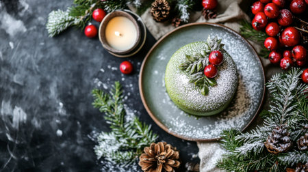 A charming festive dessert featuring a green apple, adorned with berries and pine, surrounded by seasonal decorations, perfect for holiday gatherings.の素材