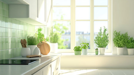 A bright kitchen filled with lush green plants, bathed in natural light. The serene atmosphere promotes a fresh and healthy lifestyle, showcasing modern decor.の素材
