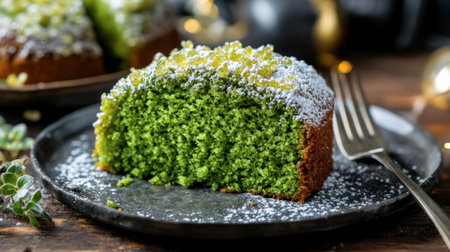 A delectable slice of vibrant green cake served on a rustic plate, adorned with powdered sugar, showcasing its moist texture and inviting appearance. Perfect for festive gatherings.の素材