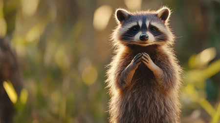 This adorable raccoon stands amidst a vibrant forest, showcasing its playful curiosity. The enchanting light highlights its soft fur and charming expression.の素材