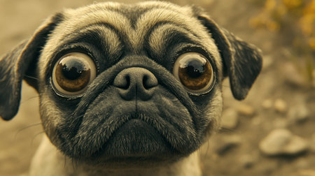 An adorable close-up of a pug with big expressive eyes, showcasing its charming features against a soft natural background. Perfect for animal lovers.の素材