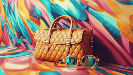 A chic handbag and stylish sunglasses rest on a vibrant background, embodying modern fashion and luxury. Perfect for showcasing trendy accessories.の素材