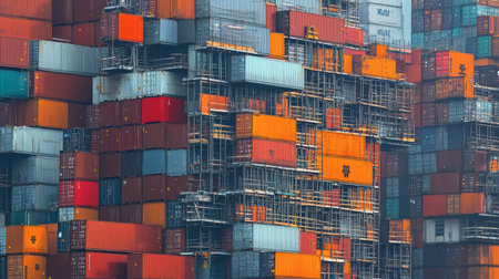 This image showcases a vibrant arrangement of stacked shipping containers, highlighting the complexity of logistics and transportation at a bustling port.の素材