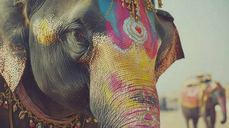 This stunning close-up showcases a beautifully painted elephant, adorned with vibrant colors and jewelry, representing cultural traditions and wildlife beauty.の素材