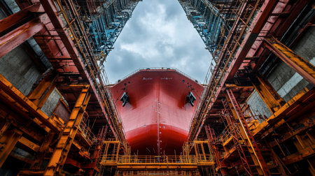 This striking image shows the shipbuilding process within an industrial shipyard, highlighting a large vessel under construction between towering structures.の素材