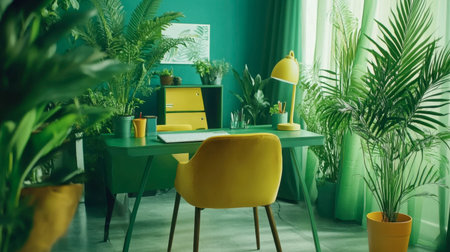 A vibrant green and yellow home office featuring a stylish desk, a comfortable chair, and lush indoor plants, creating a refreshing workspace.の素材