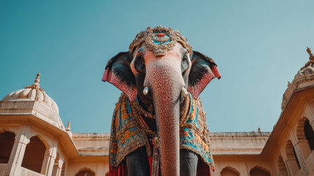 A majestic elephant adorned in vibrant traditional attire stands proudly against a clear blue sky. This beautiful portrait captures the rich cultural heritage of Rajasthan, India.の素材