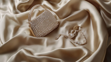This stunning composition features an elegant handbag and jewelry set displayed on luxurious satin fabric, perfect for highlighting fashion and accessories.の素材