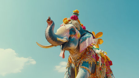 A majestic elephant adorned with colorful decorations stands against a bright blue sky, showcasing the beauty of wildlife and cultural traditions.の素材