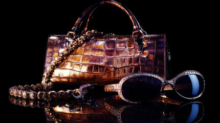 This striking photo features a luxurious handbag, stylish sunglasses, and ornate jewelry, all beautifully arranged against a black background.の素材