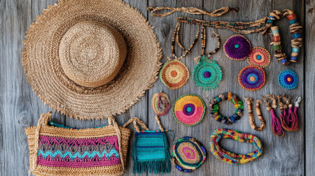 A vibrant collection of handcrafted accessories including a straw hat, colorful jewelry, and decorative items, perfect for summer fashion and bohemian styles.の素材
