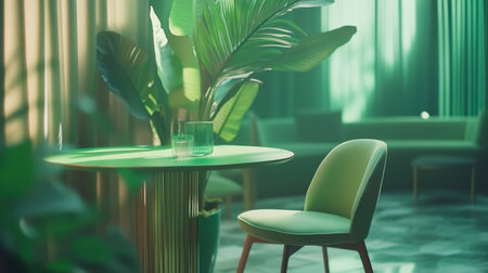 A serene modern interior featuring a stylish chair and table, adorned with tropical plants, creating a fresh and inviting atmosphere perfect for relaxation.の素材