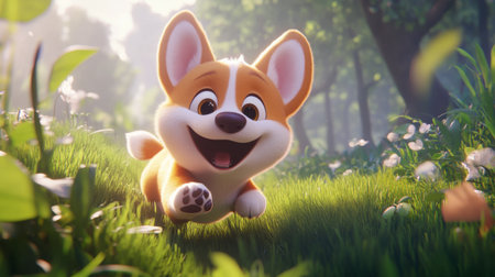 A charming cartoon corgi joyfully runs through a colorful forest, surrounded by bright flowers and lush greenery, exuding a sense of happiness and playfulness.の素材