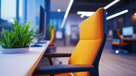 A vibrant office setting featuring an orange ergonomic chair next to a modern desk adorned with a green plant, highlighting contemporary workspace aesthetics and comfort.の素材