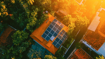 Aerial view of a vibrant rooftop featuring solar panels almost engulfed by lush greenery, showcasing the harmony between technology and nature.の素材