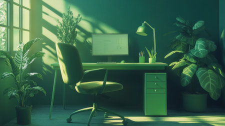 A tranquil green workspace featuring a desk, computer, and lush plants, illuminated by natural sunlight. Ideal for promoting relaxation and productivity.の素材