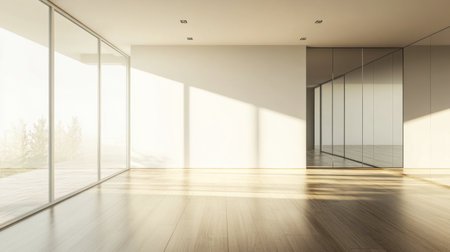 A bright and spacious modern room showcasing wooden flooring and large windows. The natural light creates a serene atmosphere, perfect for creative spaces.の素材