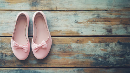 A pair of cute pink ballet flats with a bow feature placed on a rustic wooden surface, showcasing a blend of elegance and casual style perfect for any occasion.の素材