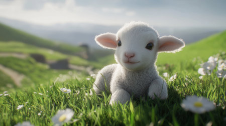 A charming young lamb lies peacefully in a vibrant green meadow filled with delicate flowers, capturing the essence of springtime innocence and beauty.の素材