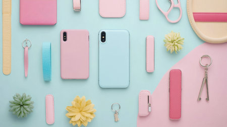 A vibrant flatlay showcasing various colorful accessories in pastel shades. Ideal for lifestyle blogs, tech promotions, and modern decor inspiration.の素材