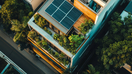 Eye-catching aerial view of a modern building featuring a lush green roof and solar panels, showcasing innovative urban sustainability and design.の素材