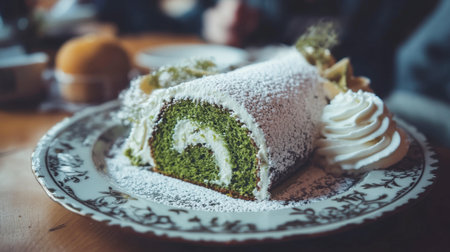 A delightful green cake roll filled with cream and dusted with powdered sugar, perfect for desserts and special occasions. Enjoy this sweet treat!の素材
