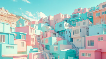 A stunning view of colorful pastel houses nestled on a hillside, showcasing vibrant architecture under a bright sky. Perfect for travel and lifestyle themes.の素材