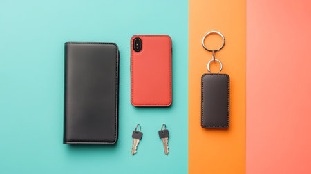 Discover a vibrant arrangement of stylish accessories, including a wallet, phone, and keys, on a colorful background. Perfect for showcasing modern design.の素材