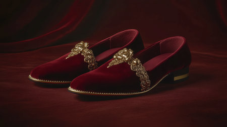Exquisite red velvet shoes featuring intricate gold embellishments, perfect for formal occasions or upscale events. A luxurious addition to any outfit.の素材