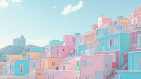 Explore a stunning view of pastel-colored homes perched on a hillside, showcasing unique architecture and vibrant colors against a clear sky.の素材