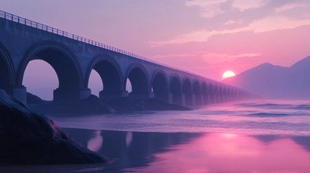 Experience a breathtaking scene of a pink sunset illuminating an arched bridge over gentle ocean waves, creating a serene atmosphere in nature.の素材