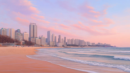 A picturesque view of a coastal city at sunset, featuring soft waves on a sandy beach with modern buildings silhouetted against a colorful sky. Perfect for travel and vacation themes.の素材