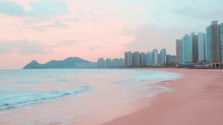 A beautiful beach view showcasing a calm ocean and modern skyscrapers at dusk. The soft pastel colors create a serene and tranquil atmosphere, perfect for relaxation.の素材