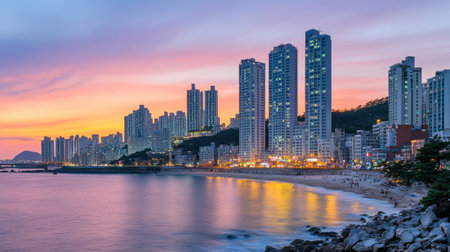 A stunning sunset illuminates the city skyline beside the beach, reflecting vibrant colors on the water. Perfect for travel and coastal themes.の素材