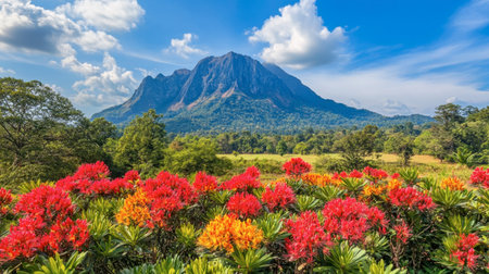 A stunning view of vibrant flowers in the foreground with a majestic mountain backdrop under a bright blue sky. Perfect for nature enthusiasts.の素材
