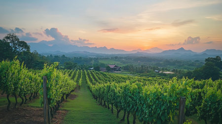 A breathtaking view of a vineyard at sunset, showcasing lush green vines, majestic mountains, and a tranquil sky. Perfect for nature lovers.の素材