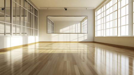This image captures a bright and spacious empty room filled with natural light. The wooden floor and large windows create a warm, inviting atmosphere ideal for various uses.の素材