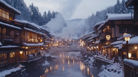 A tranquil winter village scene features traditional buildings alongside a snow-covered river, illuminated by warm lights, creating a cozy ambiance.の素材