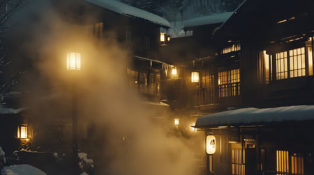 A tranquil winter night scene featuring traditional Japanese buildings illuminated by warm lantern light, surrounded by soft falling snow and steam.の素材