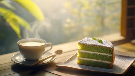 A fresh slice of green cake on a plate beside a steaming cup of tea. This serene setting captures the essence of morning indulgence and relaxation.の素材