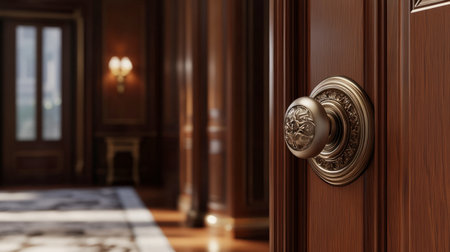 An elegant brass door handle captures the essence of luxury in this beautifully designed interior, showcasing rich wooden textures and classic decor.の素材