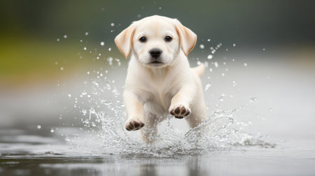 A playful puppy joyfully splashes through water, capturing the essence of fun and adventure in nature. This charming scene showcases the delightful innocence of a young dog.の素材