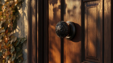 Close-up view of an elegant wooden door featuring a classic knob, surrounded by soft shadows. A warm and inviting entrance showcasing natural textures.の素材