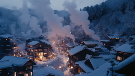 A tranquil winter village scene at dusk, featuring steam rising from buildings and soft lighting illuminating snowy streets. Perfect for evoking peace and serenity.の素材