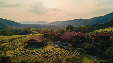 A stunning aerial view of a serene vineyard surrounded by mountains, showcasing lush greenery, a beautiful sunset, and a tranquil atmosphere. Perfect for tourism and relaxation themes.の素材