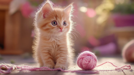 A charming orange kitten sits beside a pink yarn ball, bathed in soft light. This adorable pet captures innocence and playfulness in a cozy setting.の素材